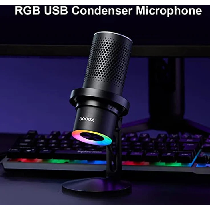 Godox EM68X Desktop-USB-Mikrofon mit RGB-Atmosphärenlicht 4 Aufnahmemuster APP Smart Control Mute Echtzeitüberwachung USB Plug-and-Play mit Stoßdämpferhalterung für Gaming, Streaming, Podcast – Bild 4