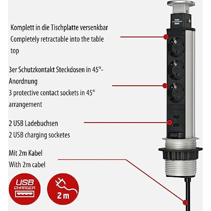 Brennenstuhl Tower Power, Tischsteckdosenleiste 3-fach (versenkbare Steckdosenleiste, 2-fach USB, 2m Kabel, komplett in Tischplatte versenkbar) silber-schwarz – Bild 2