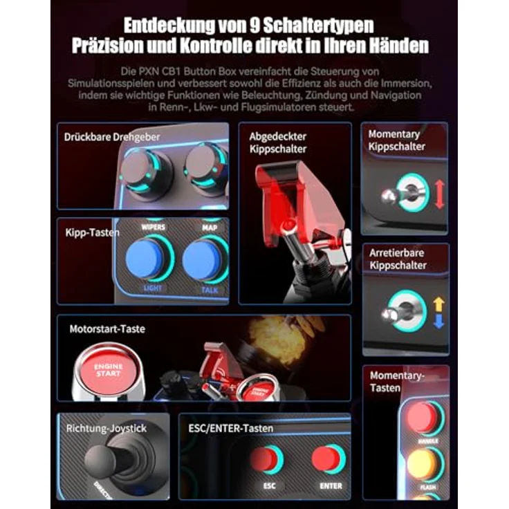 PXN CB1 Button Box, PC Seitenkonsole mit 19 Tasten & Schaltern, RGB-Beleuchtung, kompatibel für Sim-Racing, Truck- und Flugsimulatoren – Bild 4