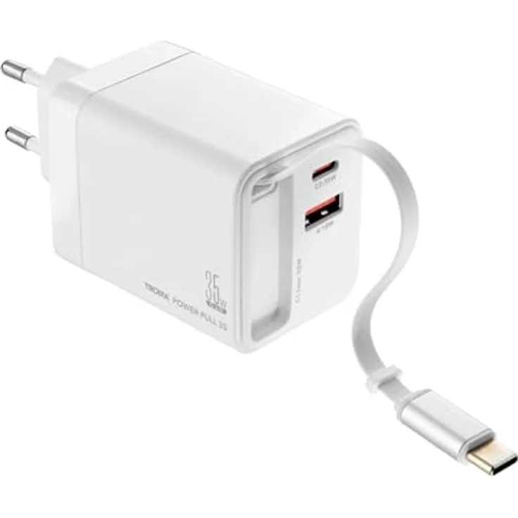 TROIKA Power Pull 35, Ladestecker mit Schnellladetechnologie, USB-C und USB-A Anschluss, ausziehbares 70 cm USB-C Kabel, weiß – Bild 5