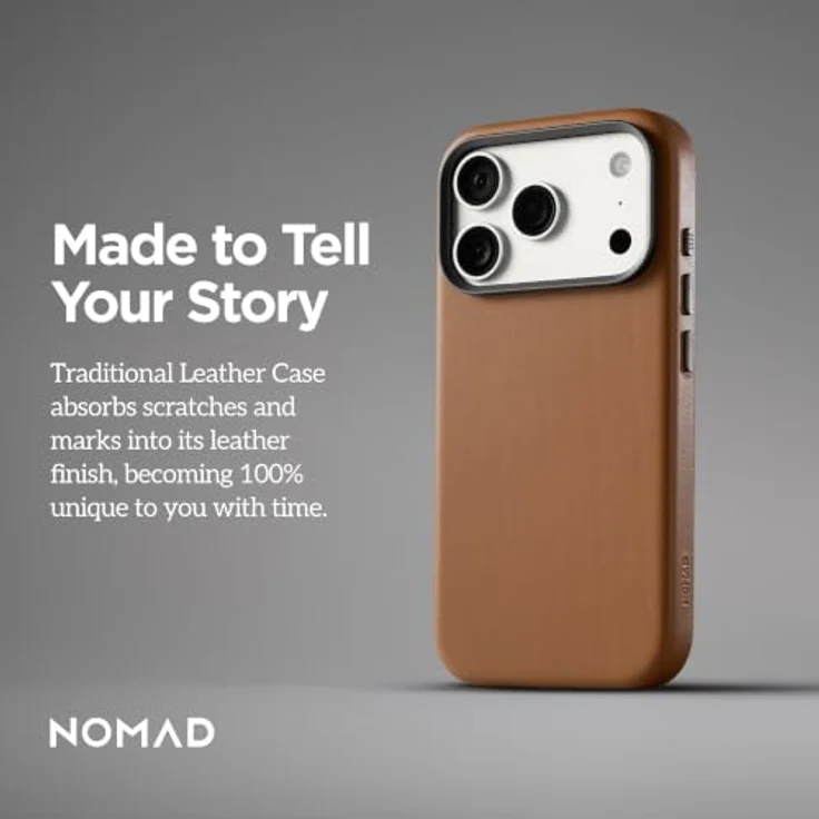 Nomad Traditional Leather Case für iPhone 18 Pro Max/17 Pro Max, englisches Tan, Vollnarbenleder, MagSafe- und Qi2-kompatibel, Glas-Camera-Control-Taste, eloxierte Aluminiumtasten – Bild 3
