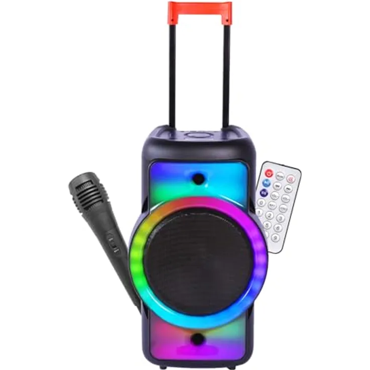 Fontastic Party Lautsprecher Rokka, tragbarer Trolley-Bluetooth Lautsprecher mit USB-Wiedergabe, AUX, MicroSD, LED-RGB Lichteffekten und Mikrofon, Schwarz