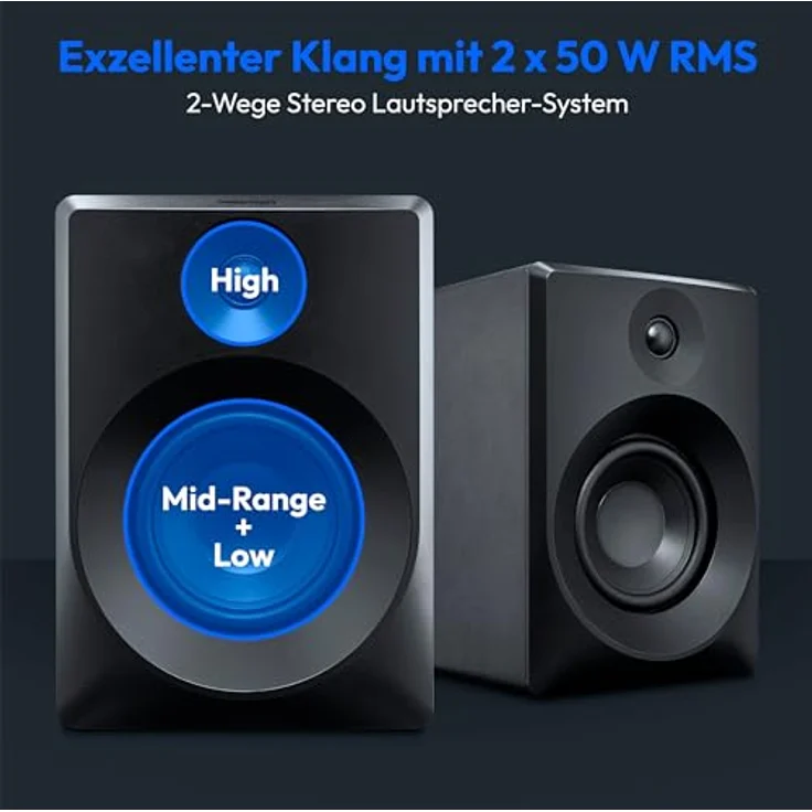 MEDION P61925 Regallautsprecher (aktive und passive, Holzgehäuse, Bluetooth5.0, 2 Wege System, integrierter Hochtöner und Subwoofer, Drehregler, optischer Eingang SPDIF, Line In RCA, 2X 50 Watt RMS) - Preisvergleich – Bild 2