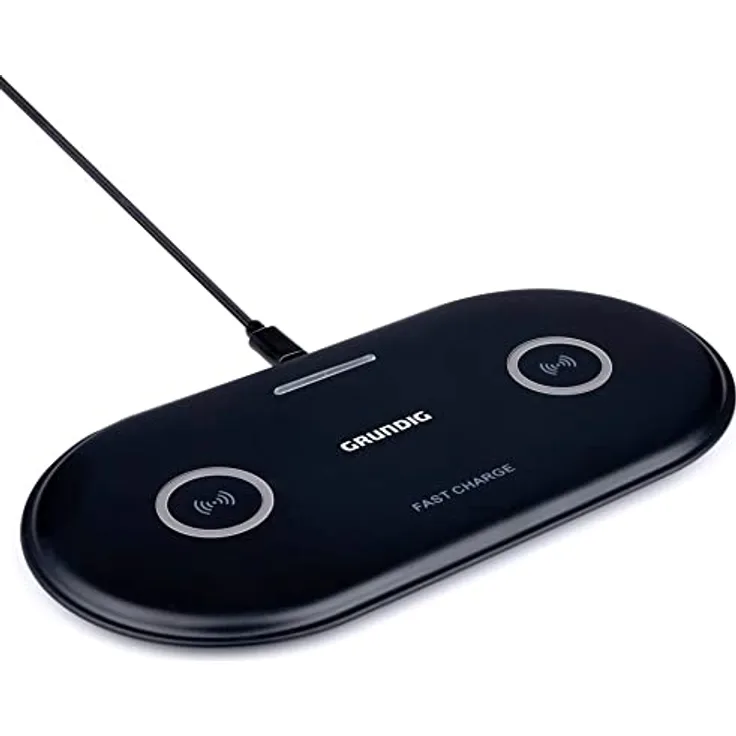 Grundig Qi Ladestation - Kabelloses Ladegerät für 2 Geräte - 2 x 10W - Inkl. USB-Ladekabel - Geeignet für Apple- und Android-Geräte - Schwarz