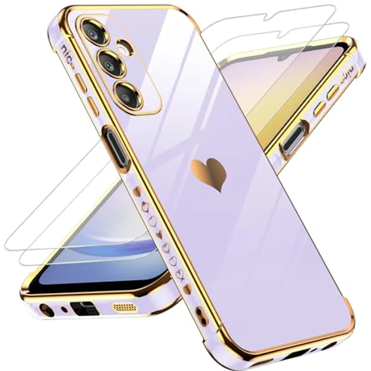 LeYi Hülle für Samsung Galaxy A25 5G, TPU Silikon Schutzhülle mit Herz Muster und 2*Schutzfolie, Stoßfest und Kameraschutz in Lila – Bild 1