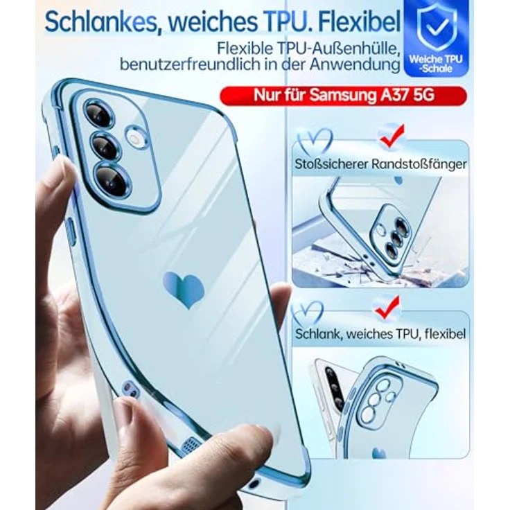 LeYi Handyhülle für Samsung Galaxy A37 5G, stoßfest mit Schutzfolie, TPU Silikon in Blau, herzförmiges Muster, kratzfest mit Kameraschutz – Bild 3