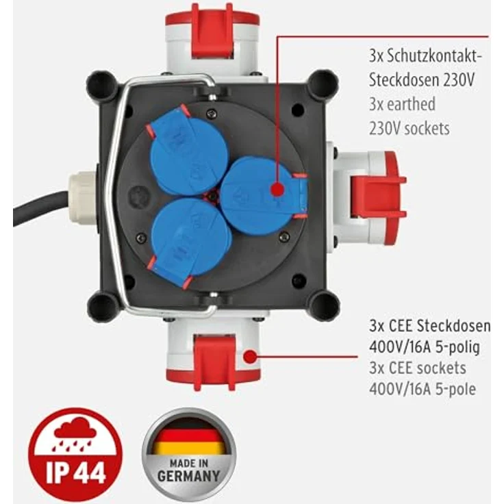 Brennenstuhl Kompakter Gummi-Stromverteiler - Gummiverteiler (1m Kabel, 3x E 400V-16A, 3x 230V-16A, Baustelleneinsatz und ständigen Einsatz im Freien, Made in Germany) – Bild 2