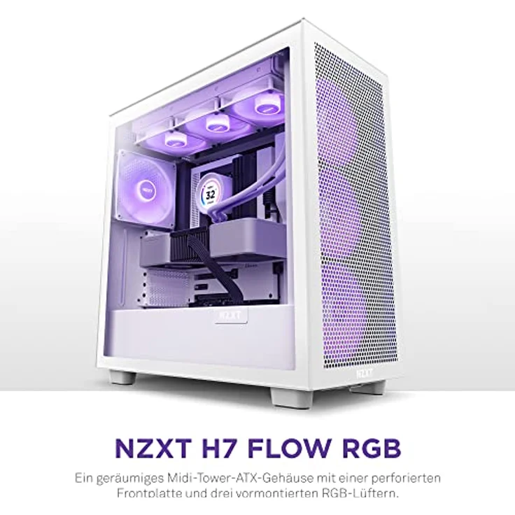 Nzxt H7 Flow RGB - CM-H71FW-R1 - ATX Mid-Tower Gaming PC-Gehäuse - USB-C Port - Mesh Front- & Tempered Glass Seitenteil - 3X F-Series 140mm Core RGB Fans inklusive - Wasserkühlung Ready - Weiß – Bild 3