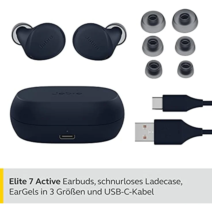 Jabra Elite 7 Active In Ear Bluetooth Earbuds - True Wireless Sport Kopfhörer mit ShakeGrip für sicheren Halt und anpassbarer, aktiver Geräuscheunterdrückung - Dunkelblau, Einheitsgröße – Bild 2