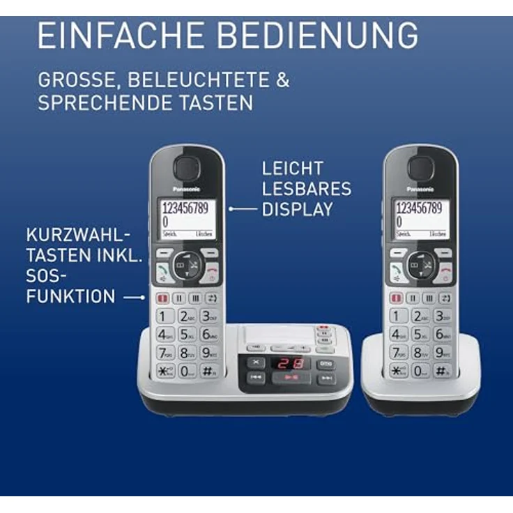 Panasonic KX-TGE522GS Seniorentelefon mit Anrufbeantworter, Notruftaste, Großtastentelefon, schnurlos, schwarz-silber – Bild 2