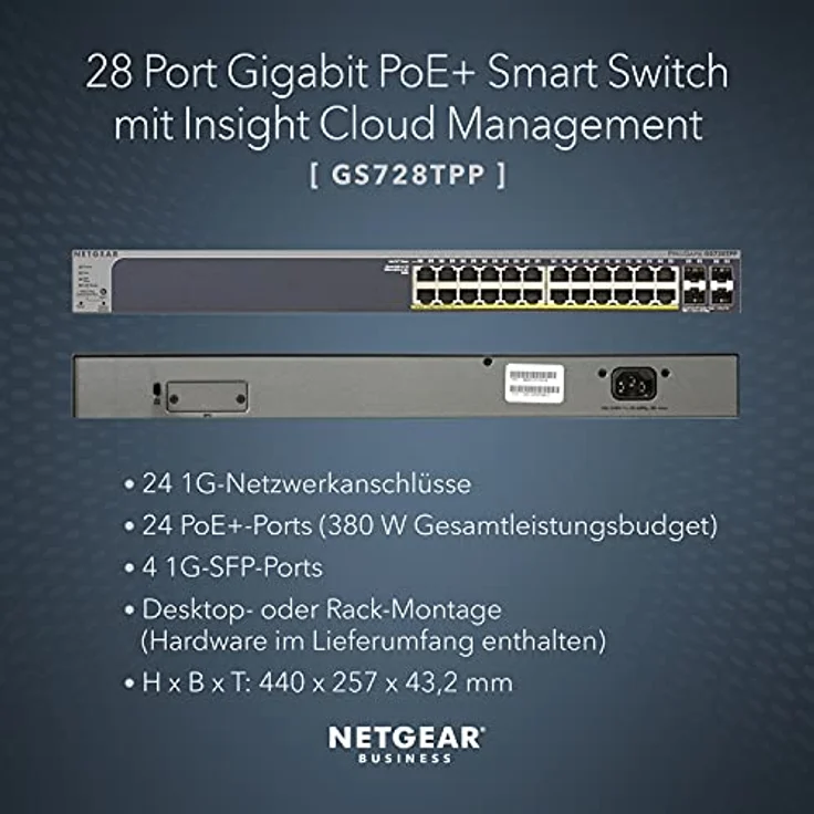 Netgear GS728TPP 28-Port Gigabit Ethernet LAN PoE Switch Smart Managed Pro (mit 24x PoE+ 380W, 4x 1G-SFP, Desktop-oder Rack-Montage mit ProSAFE Lifetime-) schwarz – Bild 2