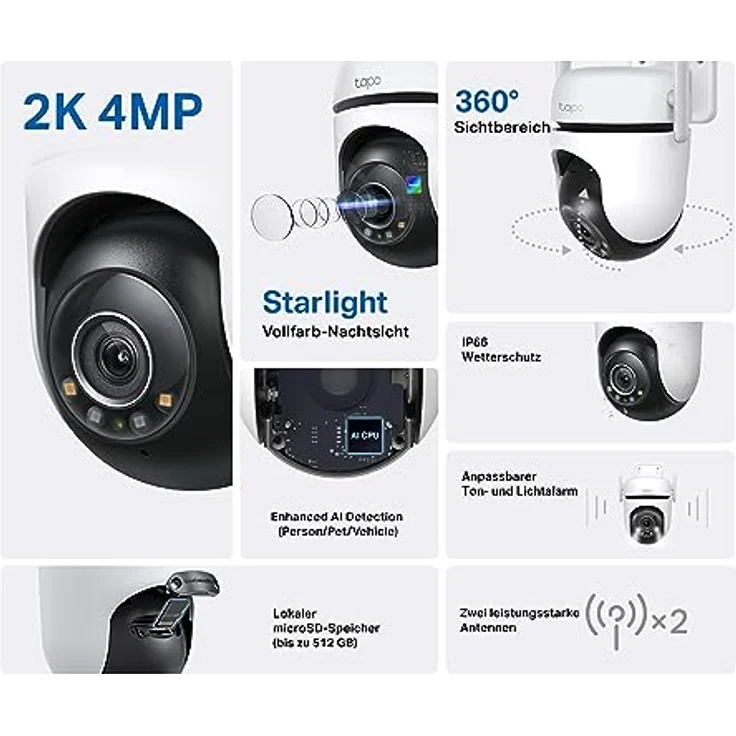 TP-Link Tapo C520WS Überwachungskamera Außen, Starlight Farbe Nachtsicht,360° Kamera aussen, 2K 4MP, 2 leistungsstarke Antennen,IP66 wetterfest, Sicherer lokaler&Cloud-Speicher, AI-Erkennung,Tapo APP – Bild 2