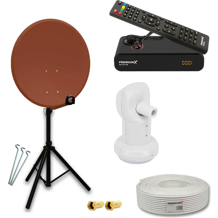 PremiumX Camping SAT Anlage PXA80, 80cm ALU Antenne mit LNB und Stativ, wetterfest bis -40°C bis +60°C
