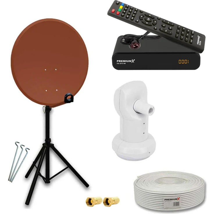 PremiumX Camping SAT Anlage PXA80, 80cm ALU Antenne mit LNB und Stativ, wetterfest bis -40°C bis +60°C