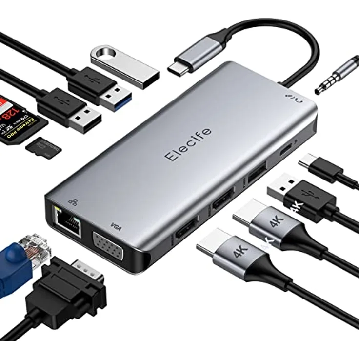 USB C Docking Station Triple Display USB C Hub mit Dual 4K HDMI, VGA, Ethernet RJ45, 4 USB Ports, 100 W PD und SD/TF Kartenleser, 3,5 mm AUX für Dell XPS, Lenovo Yoga, Huawei Surface MacBook