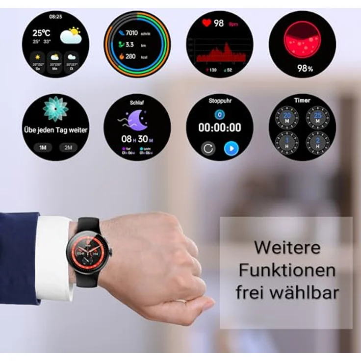 XINJI SmartWatch N2, Bluetooth Fitnessuhr mit AMOLED Touchpanel, Puls-/HRV-/Blutsauerstoff-Messung, Schlafmonitor, Musikspeicher, Kalorien-/Schrittzähler, Benachrichtigungsfunktion, wasserdicht, schwarz – Bild 4