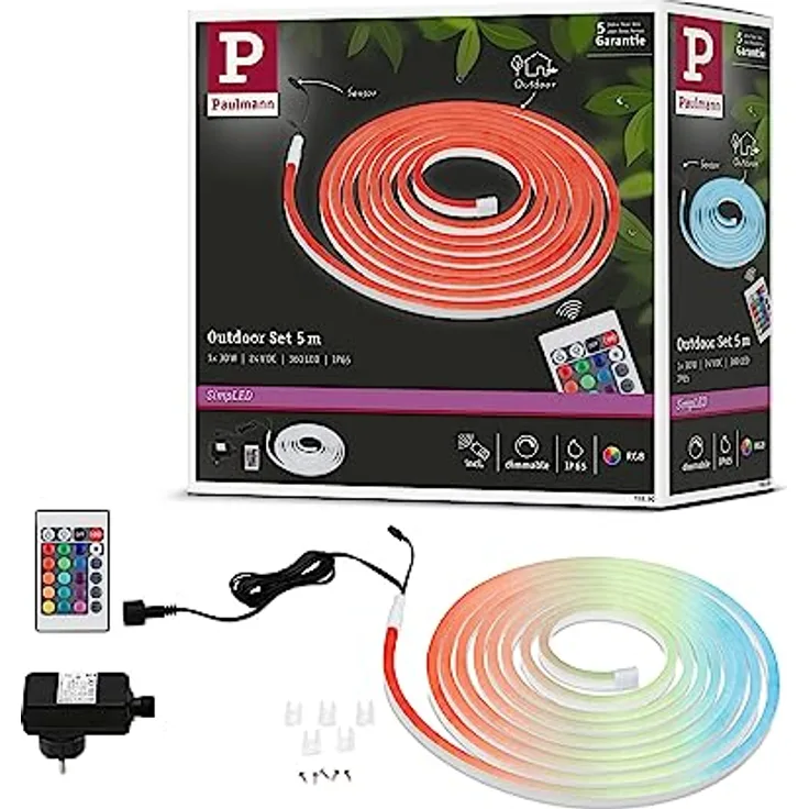 Paulmann 78890 LED Stripe SimpLED Outdoor 5m IP65 72LEDs/m RGB incl. 1x30 Watt dimmbar Lichtband Weiß Kunststoff