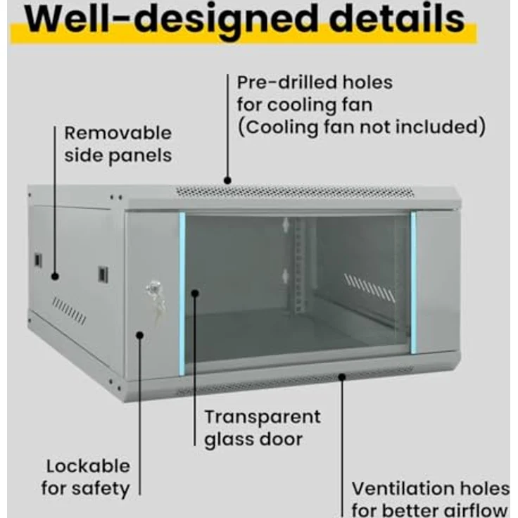 vidaXL Netzwerkschrank Grau, 60 x 60 x 35 cm, Stahl mit Sicherheitsglas und sicherem Verschluss, ideal für Büros und Wohnzimmer – Bild 4