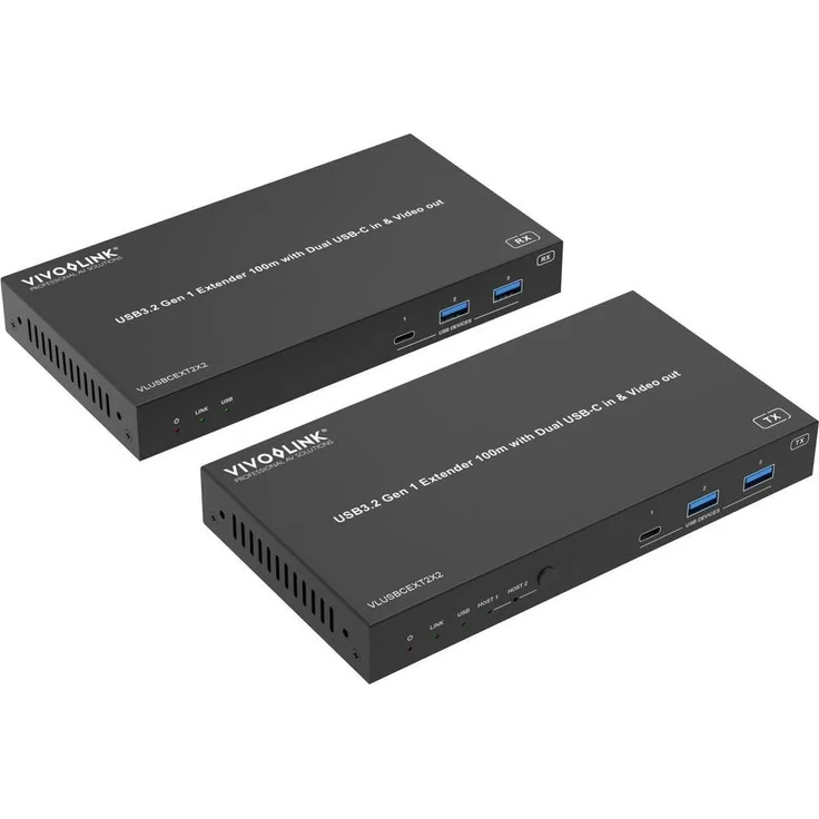 Vivolink VLUSBCEXT2X2, USB3.2 Gen 1 Extender (100m) KVM Switch mit 2x USB-C und 2x HDMI Ausgängen, PoC Unterstützung