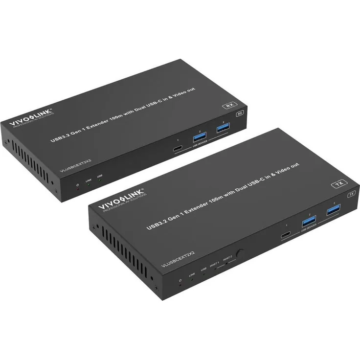 Vivolink VLUSBCEXT2X2, USB3.2 Gen 1 Extender (100m) KVM Switch mit 2x USB-C und 2x HDMI Ausgängen, PoC Unterstützung