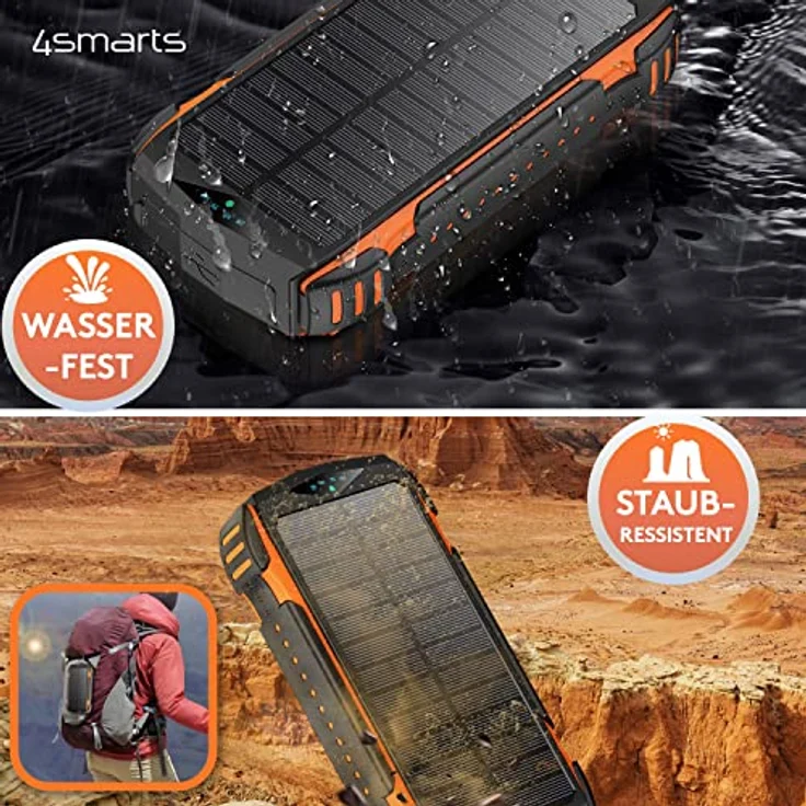 4smarts Powerbank 20000mah [Schwarz Orange] - Solar Powerbank mit Schnellladefunktion für mehrere Geräte gleichzeitig - Wireless Powerbank mit MagSafe & LED Lampe als Travel Essentials - Power Bank – Bild 4
