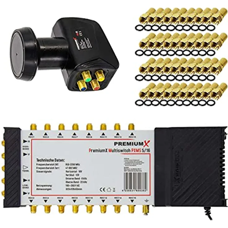 Premium X Multischalter Set 5/16, Satellitenverteiler für 16 Teilnehmer mit Quattro LNB, HDTV, 4K, UHD, 8K, inkl. 40 F-Steckern