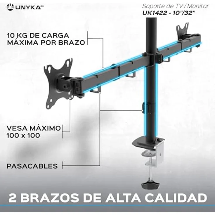 Unykach Dual-Tischhalterung UK1422 für 2 Flach- und Curved-Bildschirme (10-32 Zoll), verstellbar und drehbar, VESA max. 100 x 100 mm, bis 10 kg – Bild 4