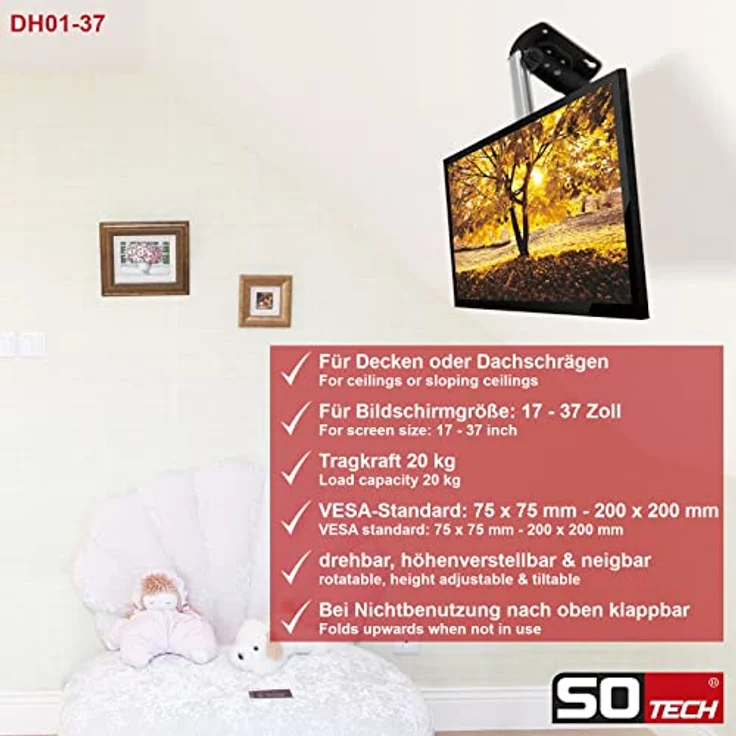 SOTECH klappbare TV Deckenhalterung DH-01-37, drehbar, höhenverstellbar, neigbar für 17-37 Zoll TVs, belastbar bis 20 kg, VESA kompatibel, schwarz – Bild 5