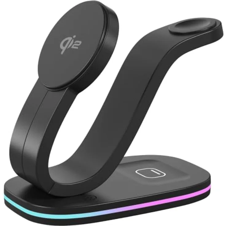 Wigento Universelle 3 in 1 Wireless Ladestation für Smartphone, Smartwatch und Kopfhörer, kompakt in Schwarz