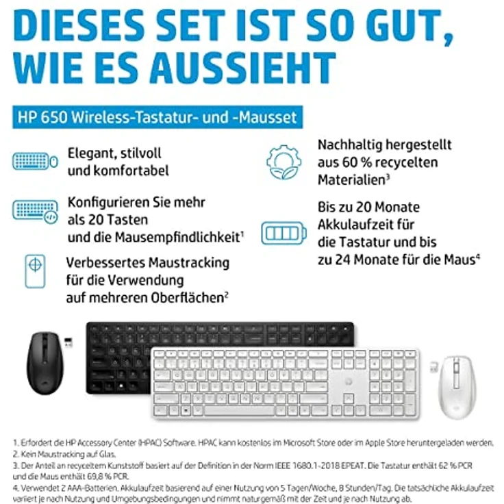 HP 650 kabellose Tastatur und Maus Bundle (20 programmierbare Tasten, QWERTZ Layout, 4.000 DPI, USB Dongle, 3 Tasten, Scrollrad) Schwarz – Bild 2