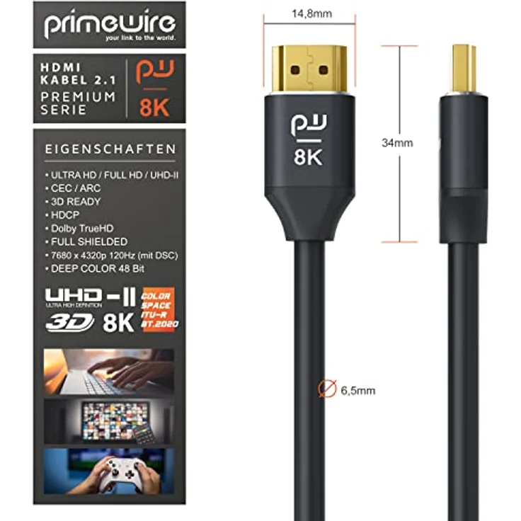 CSL - 8k HDMI Kabel 2.1 1,0 Meter - 8K @ 60Hz 4K @ 120Hz mit DSC - HDMI 2.1 2.0a 2.0b - 3D - Highspeed Ethernet - HDTV - UHD II - Dynamic HDR-10+ - eARC - Variable Refresh Rate VRR - Dolby Vision – Bild 3