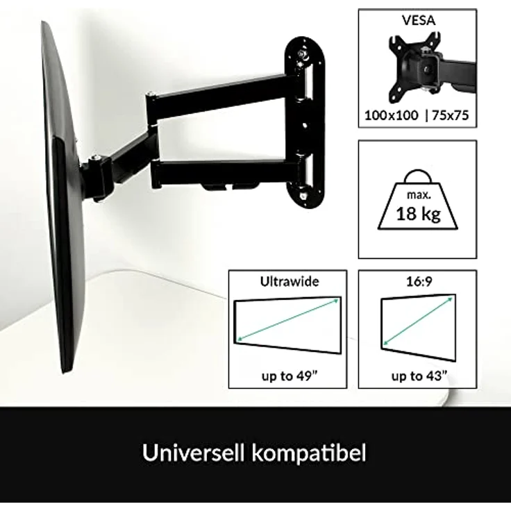 ARCTIC W1C - Monitor-Wandhalterung mit beweglichem Gelenkarm, für bis zu 43''-49'' Ultrawide, integrierte Kabelführung, mitgelieferte Wasserwaage für einfache Montage - Schwarz – Bild 4