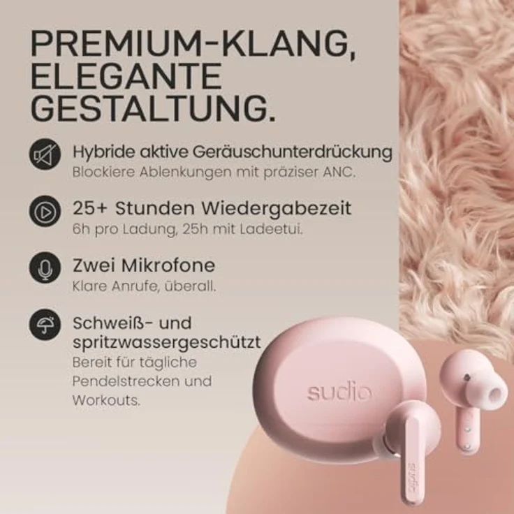 sudio A3 Pro True Wireless Kopfhörer, Noise Cancelling In Ear mit Bluetooth 5.4, 25h Spielzeit, USB-C Ladecase, Rosa – Bild 3