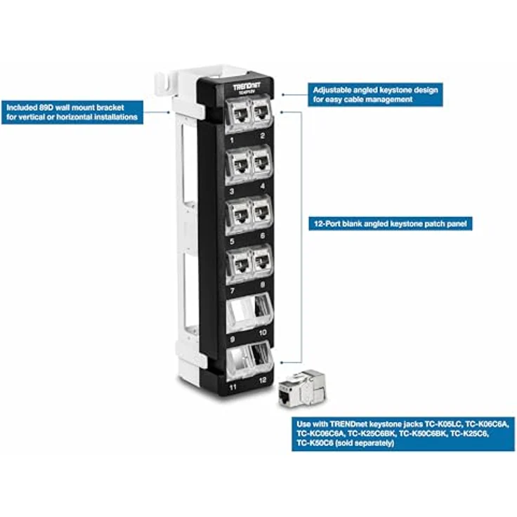TRENDnet TC-KP12V Keystone-Patchpanel, 12-Port blanko abgewinkelt, Snap-In-Stil, mit 89D-Halterung und Kabelmanagement – Bild 2