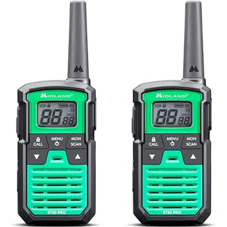 MIDLAND XT30 Pro Walkie Talkie, 16 PMR446-Kanäle, Reichweite bis zu 6 km, spritzwassergeschützt, Schwarz/Grün – Bild 1