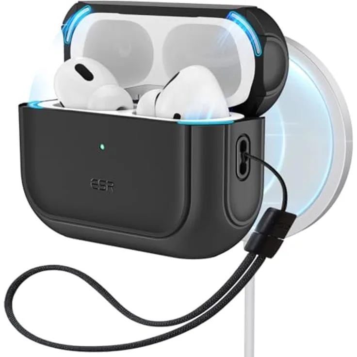 ESR AirPods Pro 2 Hülle mit HaloLock, MagSafe Ready, USB-C/Lightning Kabel, Hybrid Sturzschutz, Schwarz