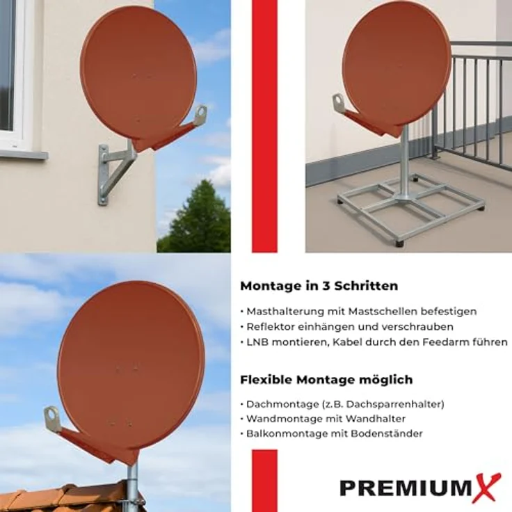 PremiumX DELUXE85 Satellitenantenne, 85 cm Aluminium Ziegelrot, doppelter Feedarm, 39,5 dB Gewinn, wetterbeständig – Bild 4