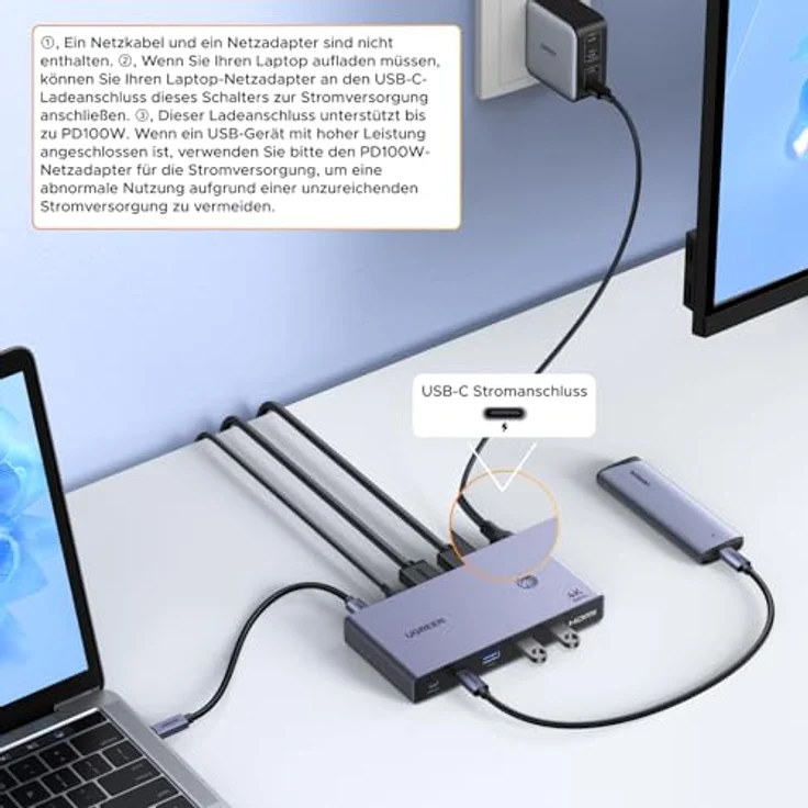 UGREEN USB C KVM Switch 4K60Hz, 2 PC 1 Monitor, 4 USB 3.0 Ports, EDID Verwaltung, Aluminium Gehäuse – Bild 4