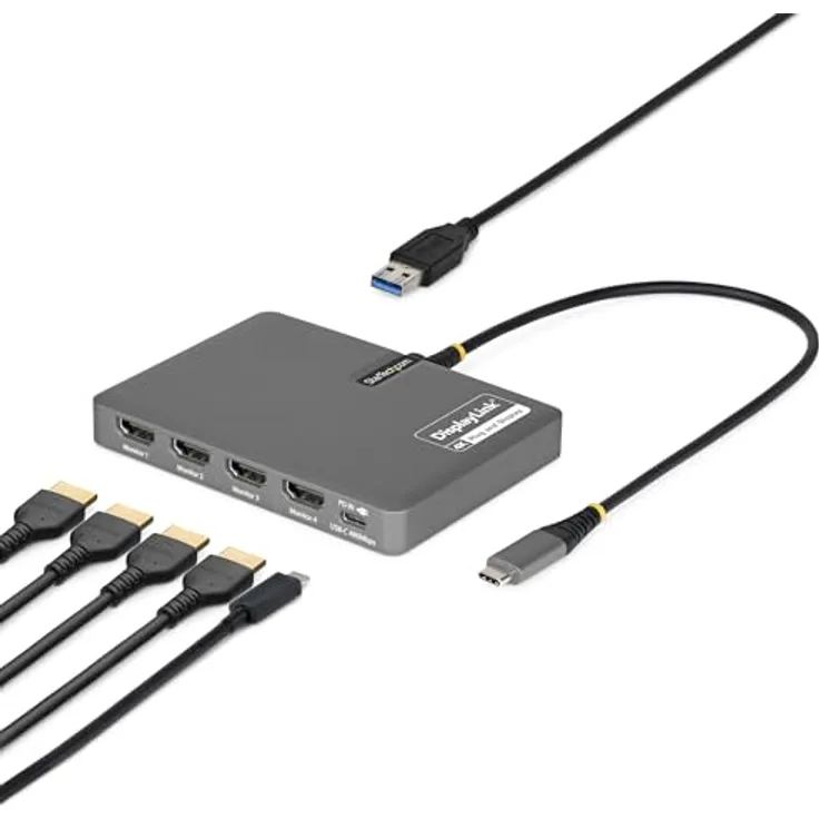 StarTech.com USB-C zu 4-Monitor Workstation Adapter, 4K 60Hz HDMI, 140W PD Passthrough, USB-A für Tastatur und Maus, TAA