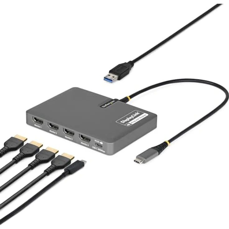 StarTech.com USB-C zu 4-Monitor Workstation Adapter, 4K 60Hz HDMI, 140W PD Passthrough, USB-A für Tastatur und Maus, TAA – Bild 1