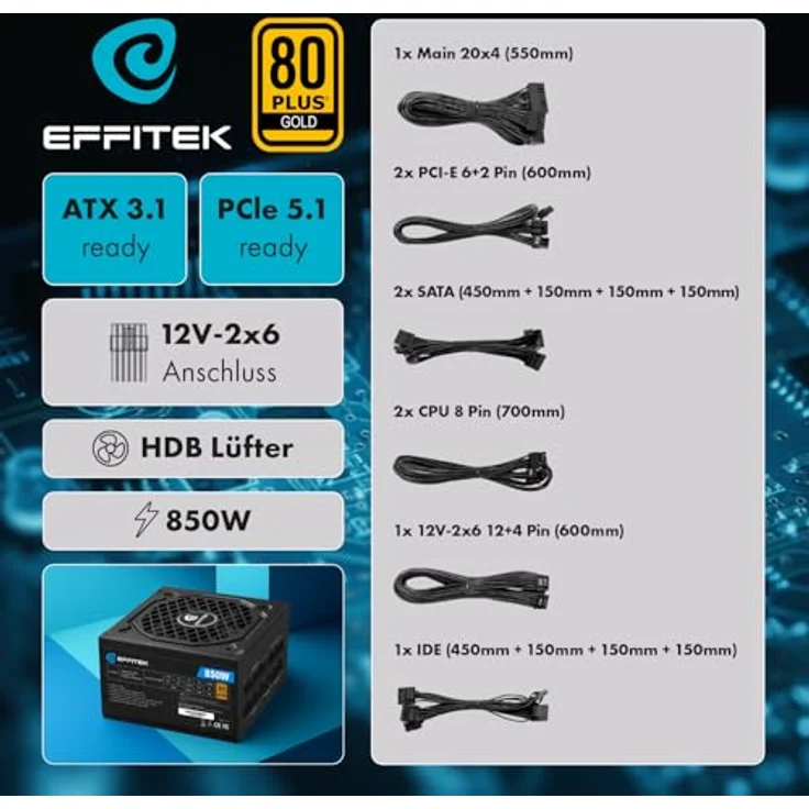 EFFITEK Gold Series 850W Netzteil, 80 Plus Gold, ATX 3.1, PCIe 5.1 kompatibel, vollmodular, geräuscharm, Japan 105°C Kondensator, aktives PFC, Premium 16AWG Kabel – Bild 2