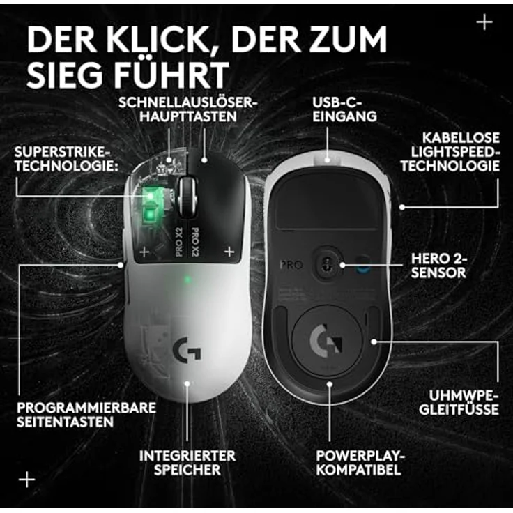 Logitech G PRO X2 SUPERSTRIKE, kabellose Gaming-Maus mit HERO 2-Sensor, 61 g schwer, anpassbare Klick-Haptik, USB-C-Aufladung, für PC/Mac/Laptop - Weiß – Bild 4