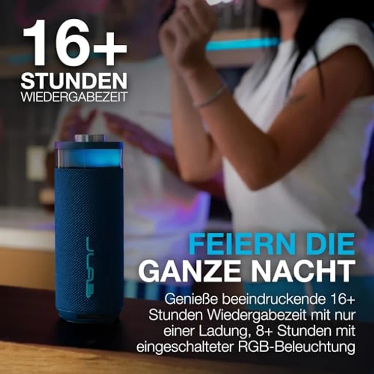 JLab Go Party, Tragbarer Bluetooth Lautsprecher mit 16H Akkulaufzeit, 10W Leistung, RGB Licht und IP56 Wasserfest, Marineblau – Bild 2