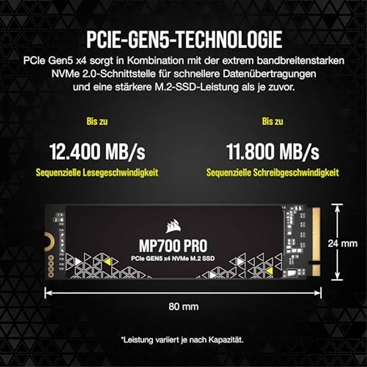 Corsair MP700 PRO 2TB M.2 PCIe Gen5 x4 NVMe 2.0 SSD - M.2 2280 - Bis zu 12.400MB/sec Sequentielles Lesen - High-Density TLC NAND - Schwarz – Bild 3