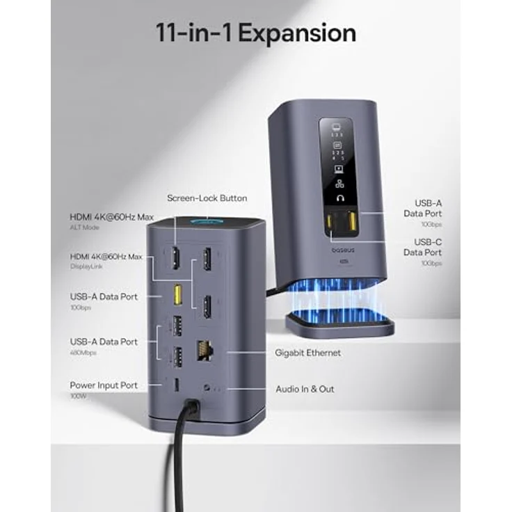 Baseus Spacemate Displaylink Docking Station USB C 11-in-1, 3 Monitore 4K, 10Gbps USB-C/A, 100W PD, Ethernet, Audio, für M1/M2/M3/Win und MacOS, vertikal, grau – Bild 3