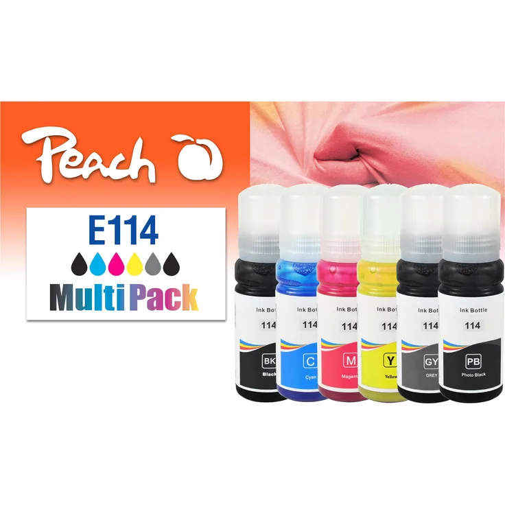 Peach Druckerpatrone 114 MultiPack, 5-teilig (Cyan, Magenta, Gelb, Schwarz, Foto Schwarz) kompatibel zu Epson EcoTank ET-8500/8550