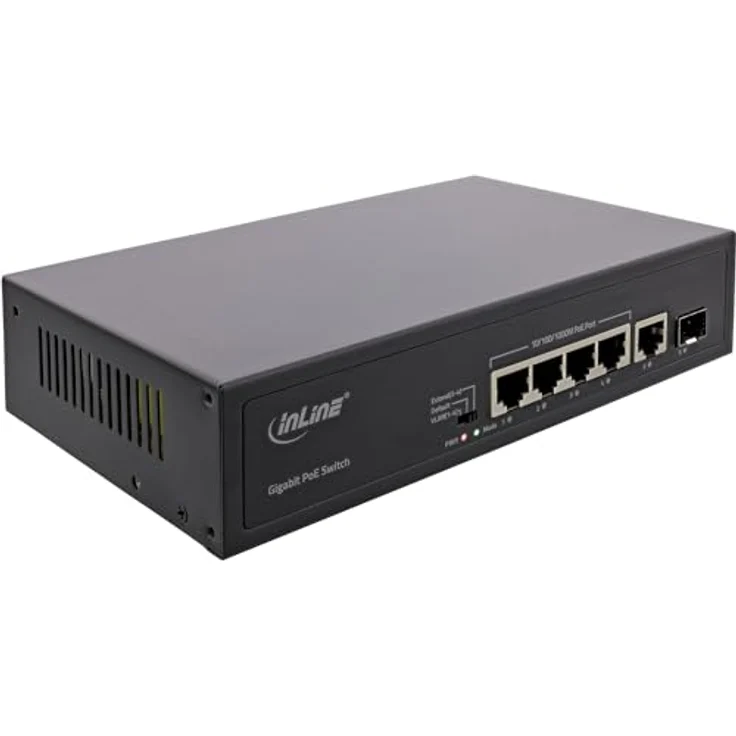 InLine PoE+ Gigabit Netzwerk Switch 5 Port mit 4X PoE+ Ports, 65 Watt, 1x SFP-Port, LWL / Glasfaser, LAN, 1GBit/s, Desktop, lüfterloses Metallgehäuse, schwarz, 32305R – Bild 1