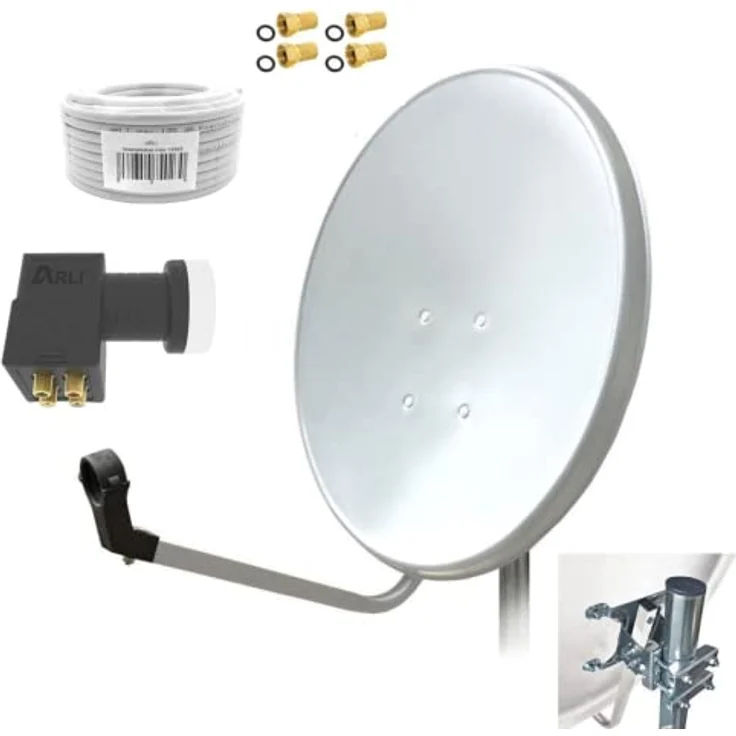 ARLI 60cm HD Sat Anlage Quad LNB, 15m Koaxialkabel 135dB, 4 F-Stecker, 4 Teilnehmer Antenne, lichtgrau, UHD 4K – Bild 1