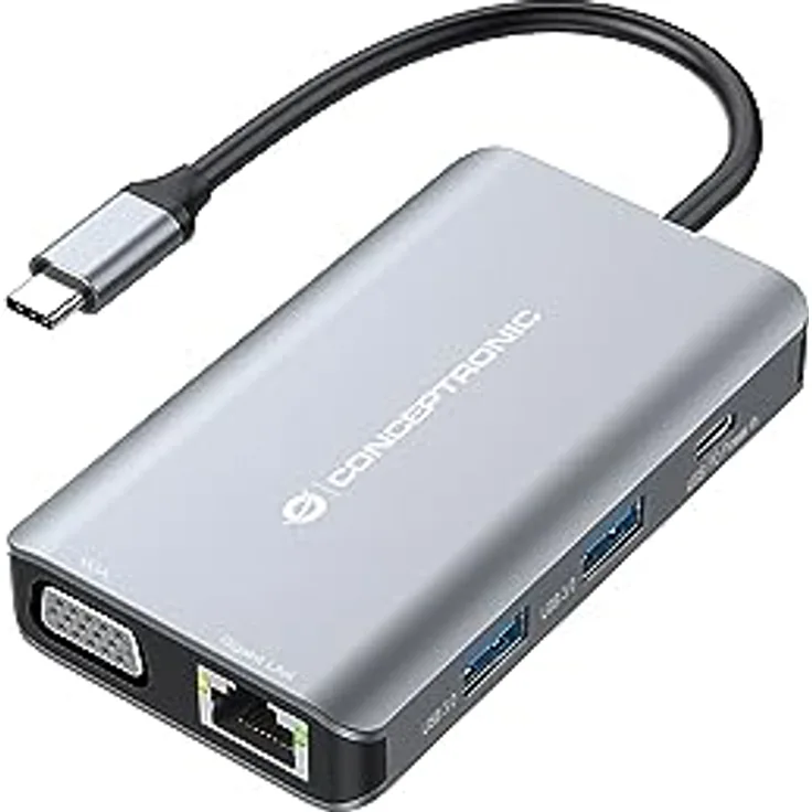 Conceptronic DONN21G 7-in-1 USB 3.2 Gen 1 Dockingstation, HDMI, VGA, GbE LAN, USB-A 3.0 x 3, 100 W USB PD