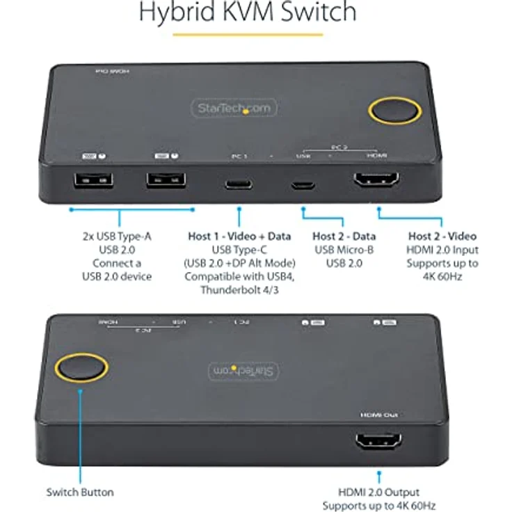 StarTech.com 2 Port Hybrid KVM Switch HDMI + USB-A & USB-C - 4K 60Hz HDMI 2.0 Monitor - Kompakter Desktop und/oder Laptop HDMI KVM Umschalter - USB Bus Powered - Thunderbolt 3 Kompatibel (SV221HUC4K) – Bild 2